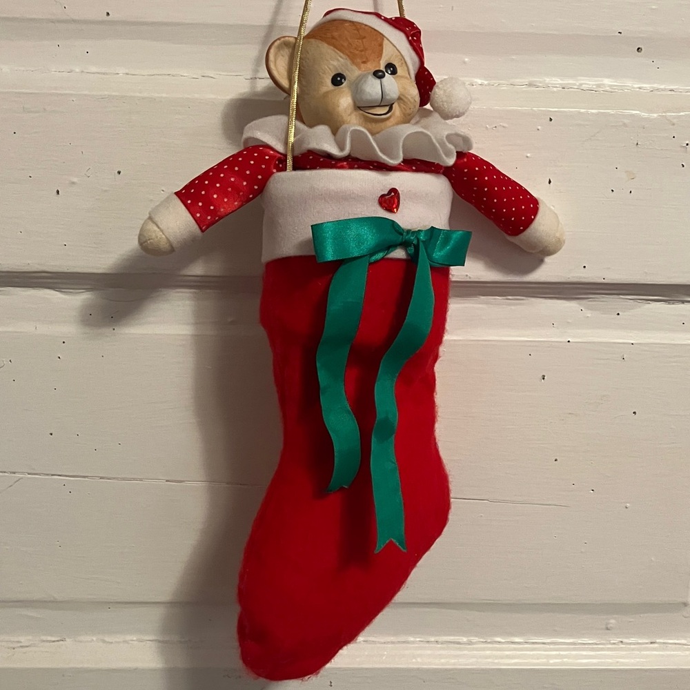 Vintage , musical n head moves teddy baby doll hangin in a stocking  plays baby